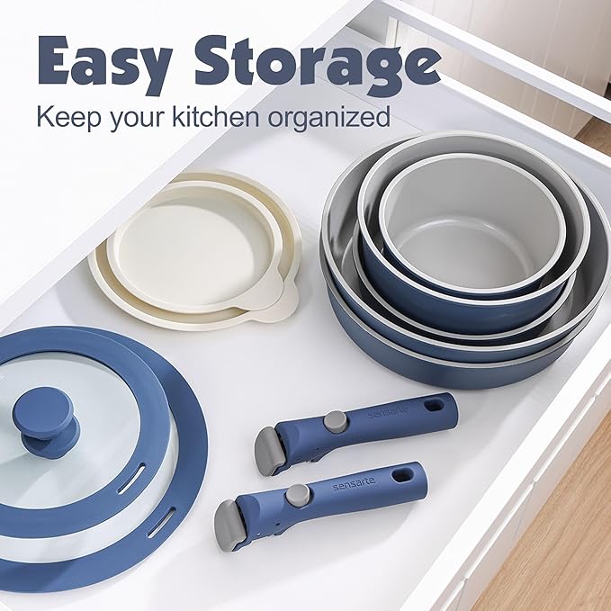 SENSARTE 24 Piece Ceramic Detachable Handle Pots and Pans Set Navy