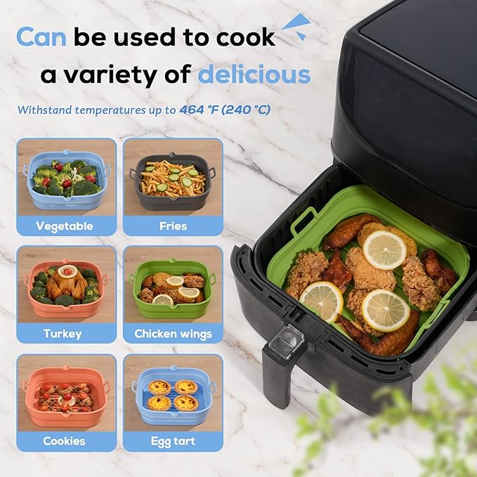 [2 Pack] Silicone Air Fryer Liners Square - Reusable Airfryer Basket - Easy to Clean Air Fryers Pot for 5.8 to 8 Qt Large Air Fryer Baking Tray Oven Accessories, 8.5 Inch
