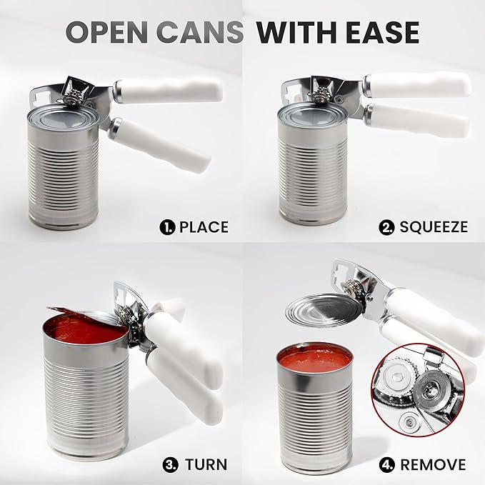 Zulay Kitchen Heavy Duty Stainless Steel Can Opener Manual with Bottle Opener - Rust Proof Manual Can Opener With Turn Knob & Comfy Soft Grip Handles - White