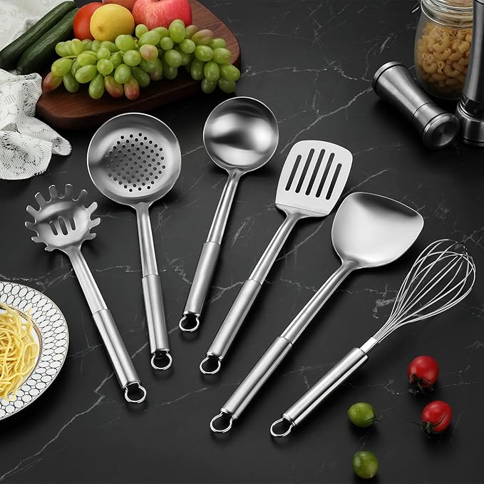Gymdin 6-Piece Kitchen Cooking Utensils Set, Stainless Steel Kitchen Utensils with Suspendable Handle, Spatula, Slotted Turner, Soup Ladle, Slotted Spoon, Whisk, Pasta Server, Dishwasher Safe