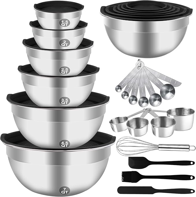 WEPSEN Mixing Bowls Set, 25PCS Stainless Steel Mixing Bowl with Lid Set, Large Nesting Bowls 7, 4.5, 3,2, 1.5QT, Measuring Cups and Spoons Baking Utensils Metal Bowl for Kitchen Prep