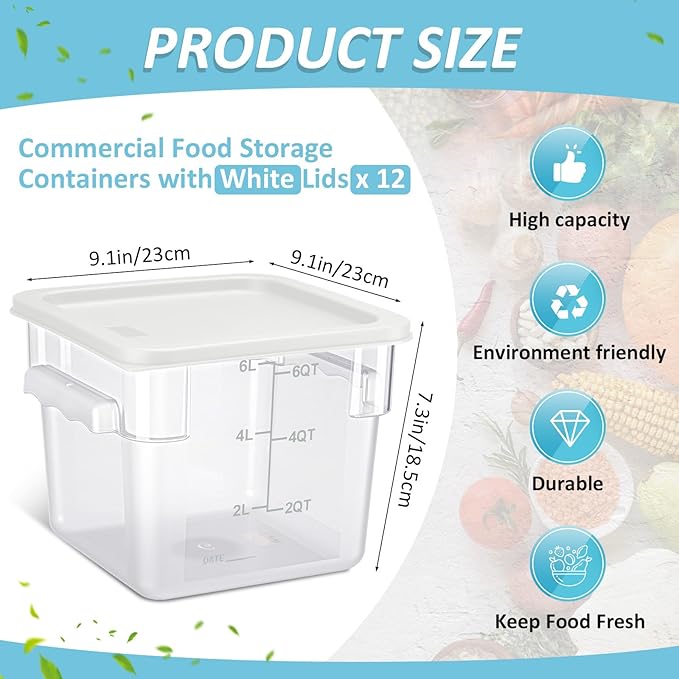 Yungyan 12 Pcs 6 Qt Commercial Food Storage Containers with white Lids Restaurant Square Airtight Food Storage Containers Clear Cereal Container for Kitchen Freezer Dishwasher Pantry