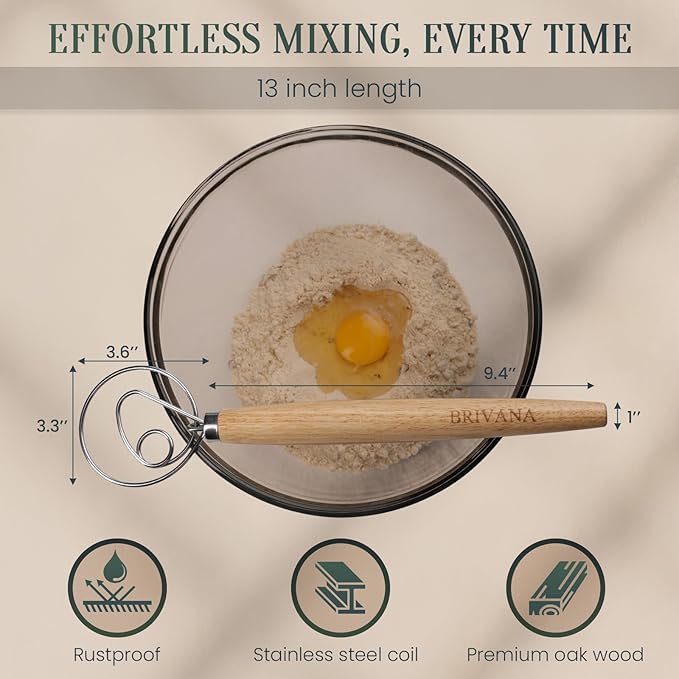 Danish Dough Whisk for Sourdough Bread, 13-Inch Bread Whisk with Wooden Handle, Stainless Steel Single Loop Dough Mixer and Sourdough Whisk for Bread Making, Pizza Dough, Batter and Pastry