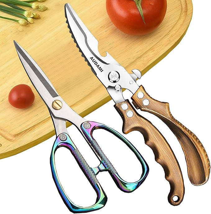 AUDAMI Poultry Shears 2-Pack, Heavy Duty Meat Scissors, Stainless Steel Spring Loaded, Turkey & Chicken Shears, Food Scissors