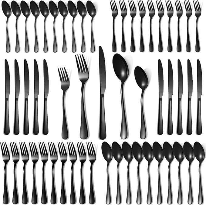 50 Pcs Black Silverware Set for 10, Food Grade Stainless Steel Flatware Set, Eating Utensils Sets Include Fork/Knife/Spoon, Reusable Cutlery Set for Home Kitchen, Dishwasher Safe, Round Edge