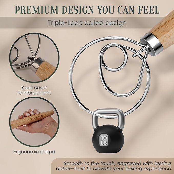 Danish Dough Whisk for Sourdough Bread, 13-Inch Bread Whisk with Wooden Handle, Stainless Steel Single Loop Dough Mixer and Sourdough Whisk for Bread Making, Pizza Dough, Batter and Pastry