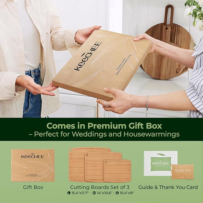 Keechee Dishwasher Safe Bamboo Cutting Boards Durable Lightweight Wood Cutting Board for Busy Kitchen, Easy Clean Wooden Chopping Boards with Juice Groove Set of 3 (L+M+S)