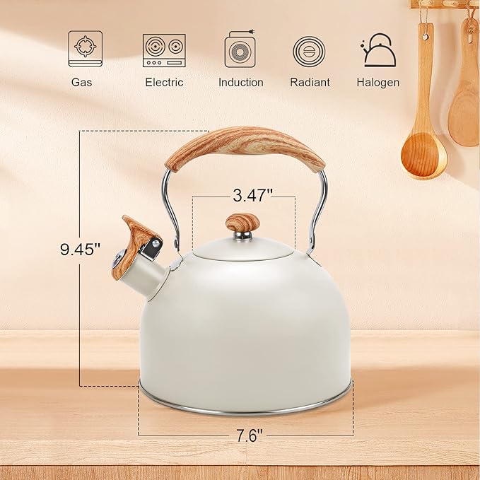 Foedo 3.2Qt Stainless Steel Whistling Tea Kettle Stovetop, Beige