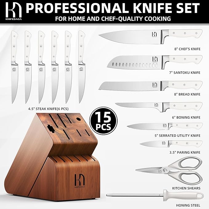 KnifeSaga 15-pc Japanese Kitchen Knife Block Set, Razor Sharp, Professional
