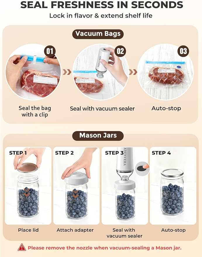 ADENVERA Compact Vacuum Sealer for Food — Electric Mason Jar Vacuum Sealer Kit & Handheld Sealer with 10 Reusable Bags & 10 Mason Jar Lids, Portable Rechargeable, Smart Auto-Stop, White