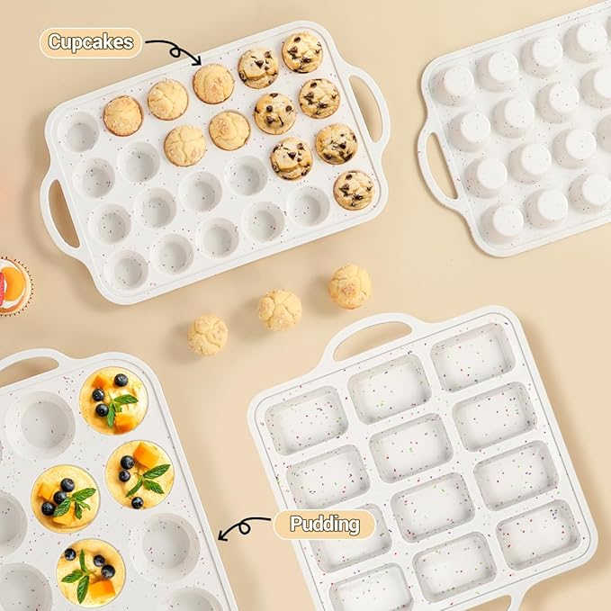 CAKETIME Metal Reinforced Bakeware Set, Silicone Muffin Pans for Baking Nonstick with Handle,12 & 24 Cup Muffin Pans and 12-Cup Mini Loaf Pan, BPA Free