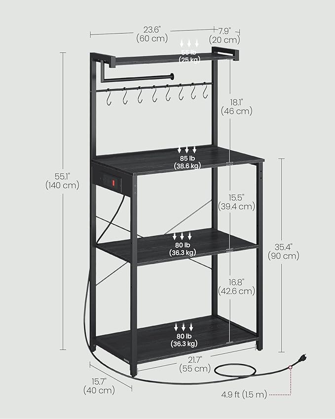 VASAGLE BARNET Collection - Kitchen Bakers Rack with Power Outlet, 23.6-Inch Wide Coffee Bar 4-Tier with 8 S Hooks, Modern Microwave Stand, Adjustable Shelf, Charcoal Gray and Ink Black UKKS014B01V1