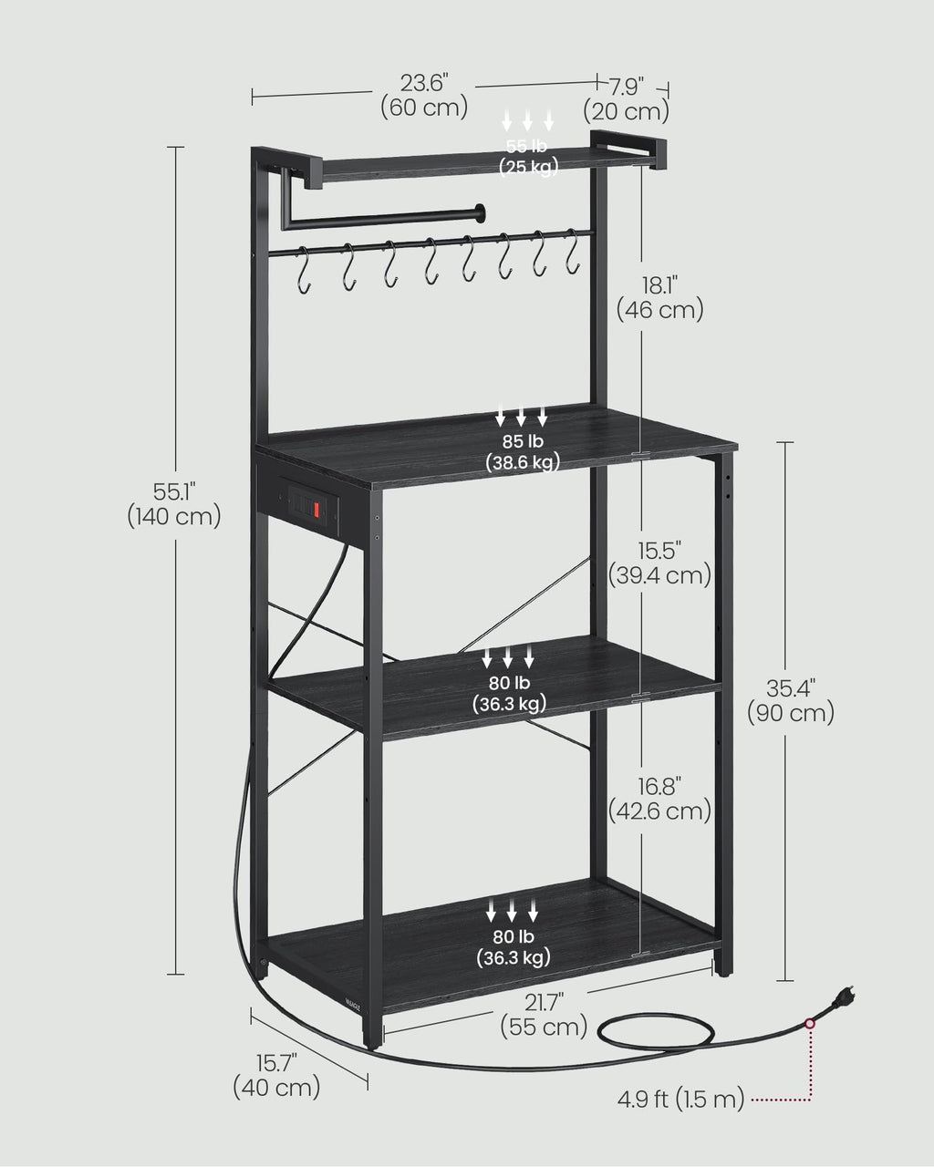 VASAGLE 4-Tier Kitchen Bakers Rack with Power Outlet, 23.6-Inch Wide