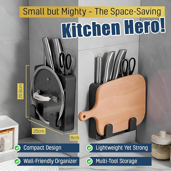 SLIMUCH Wall Mounted Knife & Cutting Board Holder – Self-Adhesive Pot Lid and Utensil Organizer with 4 Slots for Knives, Scissors & Kitchen Tools | Space-Saving Under Cabinet Storage Rack