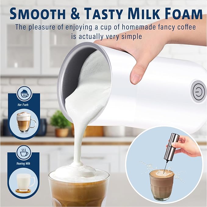 Huogary Milk Frother Simple Milk Frother and Steamer 2-in-1 Milk Steamer with Hot Milk Foam and Hot Milk for Latte, Macchiato, Cappuccinos, White （Medium）