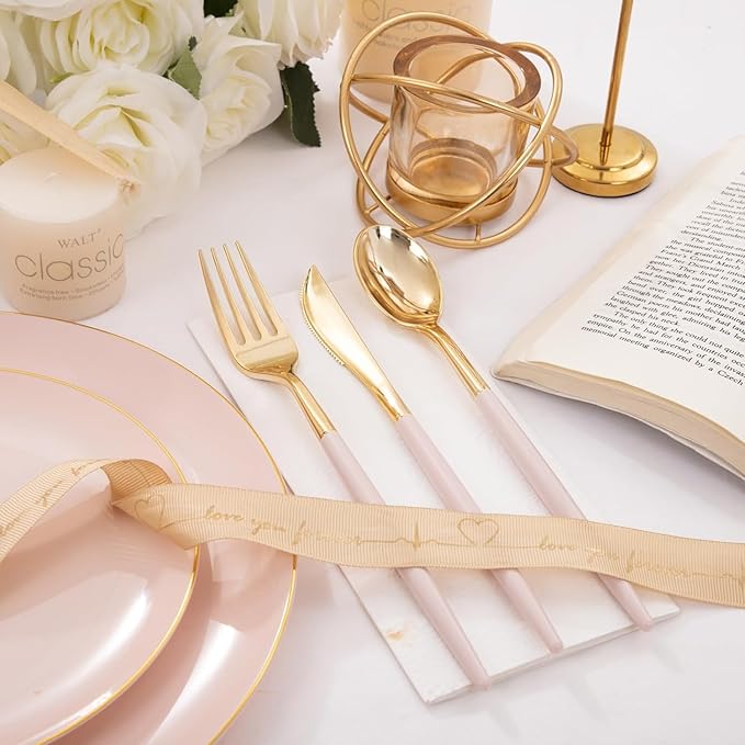 I00000 60 Pcs Pink Plastic Silverware, Fancy Gold Utensils with Pink Handle