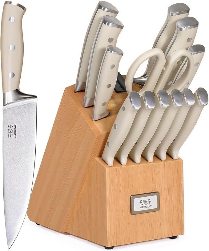 WANGMAZI 15-Pcs Knife Block Set, Ultra Sharp