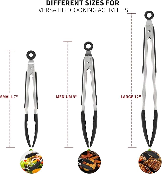 U-Taste Kitchen Tongs for Cooking, 600ºF Heat-Resistant Silicone, 3Pc/Black