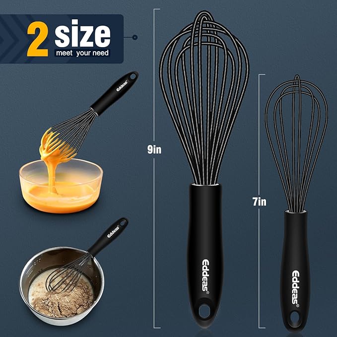Eddeas Mini Silicone Whisk, Small Silicone Whisk 7+9in, BPA free Non Scratch Coated Protect your Ceramic Pots and Pan.Perfect for Whisking, Beating, Mixing.Black