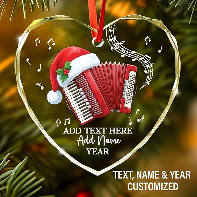 Personalized Text Name & Year Accordionist Glass Ornament, Accordion Instrument Christmas Tree Ornaments, Custom Accordion Player Christmas Ornament 2026, Xmas Decor Gifts for Music Lovers