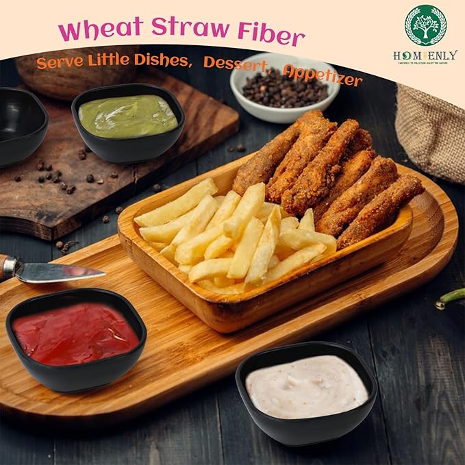 Homienly Wheat Straw Small Dishes Set of 6, 4.5oz Unbreakable Serving Dish & Sauce Dish, Salt Dish, Small Candy Dish, Appetizer Serving Dishes, Chips and Salsa Serving Dish for Side Dishes - Black