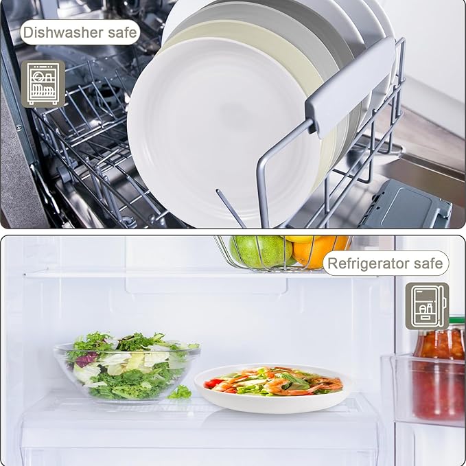 HEYCOME 12 Pcs Unbreakable Deep Dinner Plates Set, 10 inch Reusable Plastic Wheat Straw Plates, Microwave and Dishwasher Safe Plate for Kitchen, Lightweight Plate for Dessert, BPA Free, 4 Colors