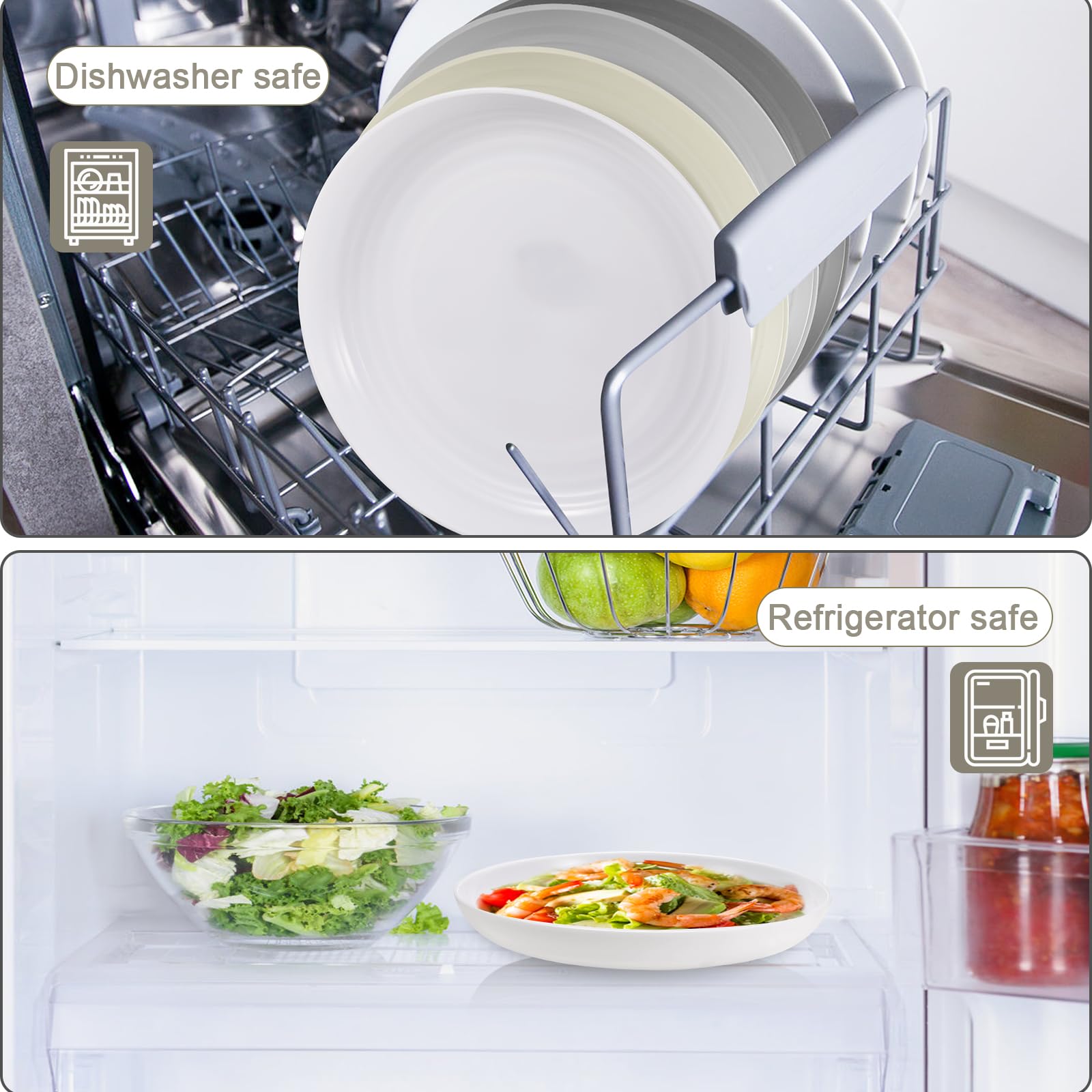 HEYCOME 12 Pcs Unbreakable Deep Dinner Plates Set, 10 inch Reusable Plastic Wheat Straw Plates, Microwave and Dishwasher Safe Plate for Kitchen, Lightweight Plate for Dessert, BPA Free, Beige