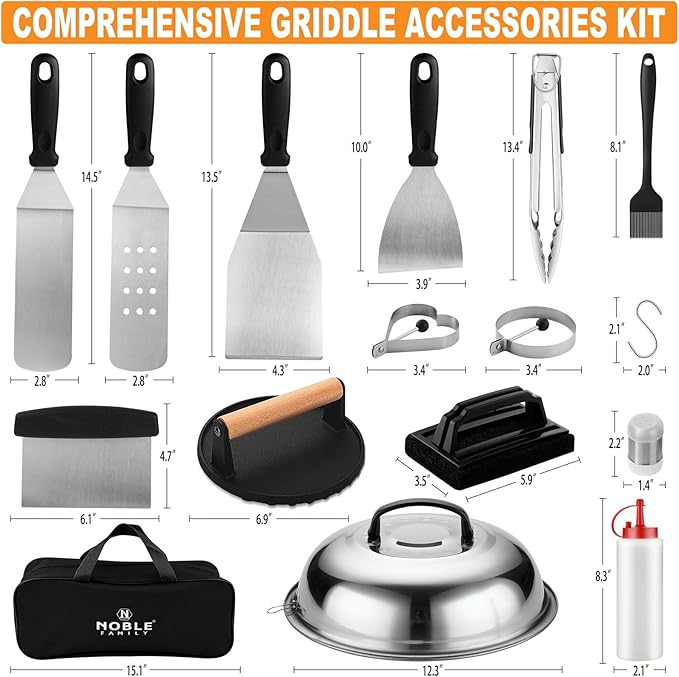 N NOBLE FAMILY 27 PCS Griddle Accessories Kit, Flat Top Grill Accessories Set for Camping, Professional Griddle Spatula Set with Melting Dome, Burger Press for Outdoor BBQ Teppanyaki