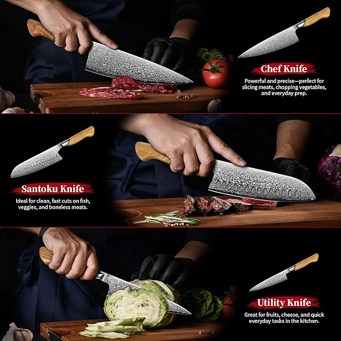 TIVOLI Damascus Kitchen Knife Set, 3 PCS Japanese Chef Knife Set