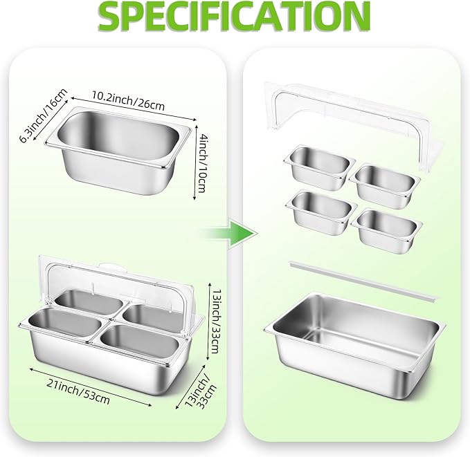 Tijvzk Stainless Steel Ice Food Serving Display Container 6 Pans 3 Ice Packs Cooled Condiment Dispenser Cold Serving Appetizer Buffet Organizer (4 Pans)