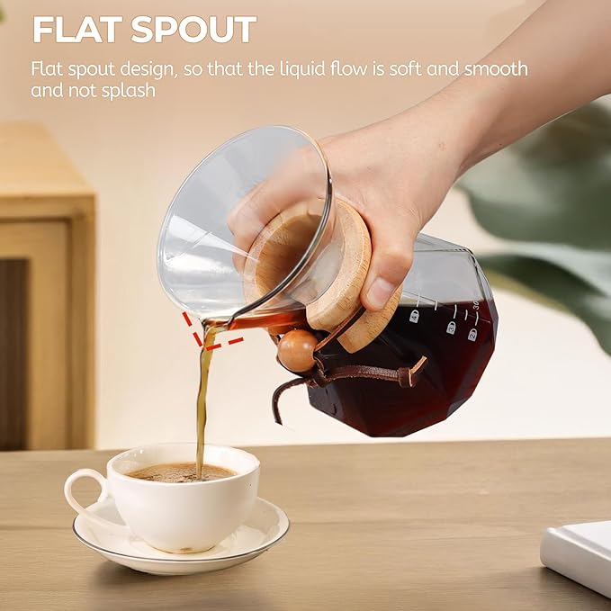 Mogrecha Pour Over Coffee Maker 600ml with 304 Stainless Steel Filter Wooden Collar Holder Borosilicate Glass Drip Coffeemaker Server Set Clear Hand Brew Dripper Carafe for Home Camping Travel 20.3oz