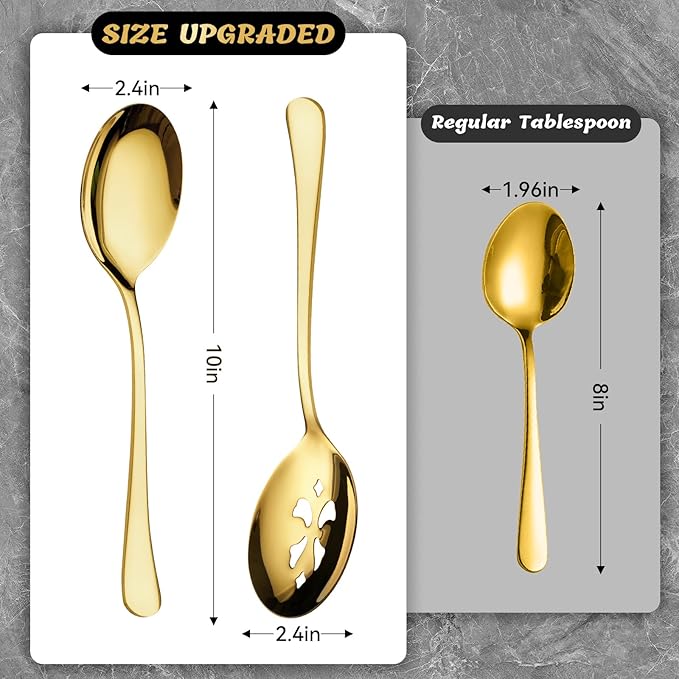 Keyoxy 6 Piece Stainless Steel Serving Spoon Set - 3 Large, 3 Slotted,Dishwasher Safe,10-Inch,Gold, for Parties/Kitchen/Buffet/Catering