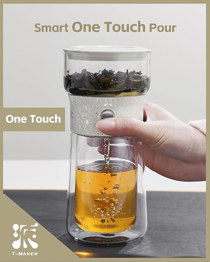 ZENS Glass Tea Infuser Pot, Modern One Touch Tea Maker for Tea Steeping