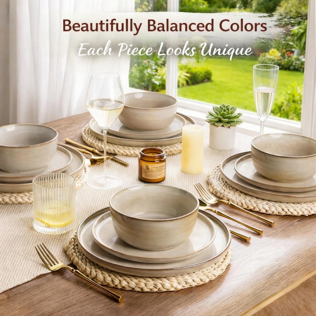 AmorArc Stoneware Dinnerware Sets for 6, 18Pcs Plates and Bowls Sets Dishes