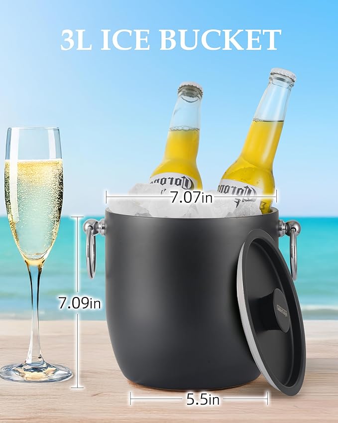 Golden Cudgel Insulated Ice Bucket, 3L Double Wall Stainless Steel Ice Bucket with Tongs,Lid, Scoop and Strainer, Ice Buckets for Parties,Cocktail Bars, Chilling Beer, Champagne, Wine Bottles