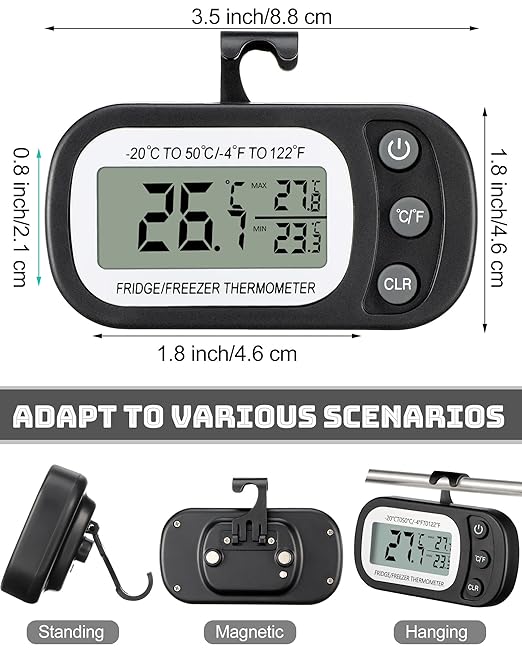 Frienda 12 Pcs Black Digital Fridge Thermometer Waterproof Refrigerator and Freezer Max/min Record Function LCD Screen Refrigerator Thermometer with Hook and Magnetic Back for Home (Button)