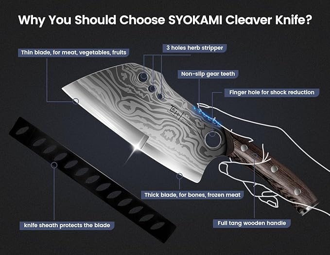 SYOKAMI Meat Cleaver Chef Knife with Sheath, 7.7 Inch Butcher Knife