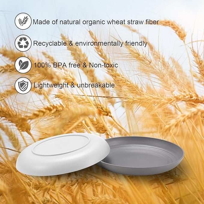 HEYCOME 12 Pcs Unbreakable Deep Dinner Plates Set, 9 inch Reusable Plastic Wheat Straw Plates, Microwave and Dishwasher Safe Plate for Kitchen, Lightweight Plate for Dessert, BPA Free, Light Gray