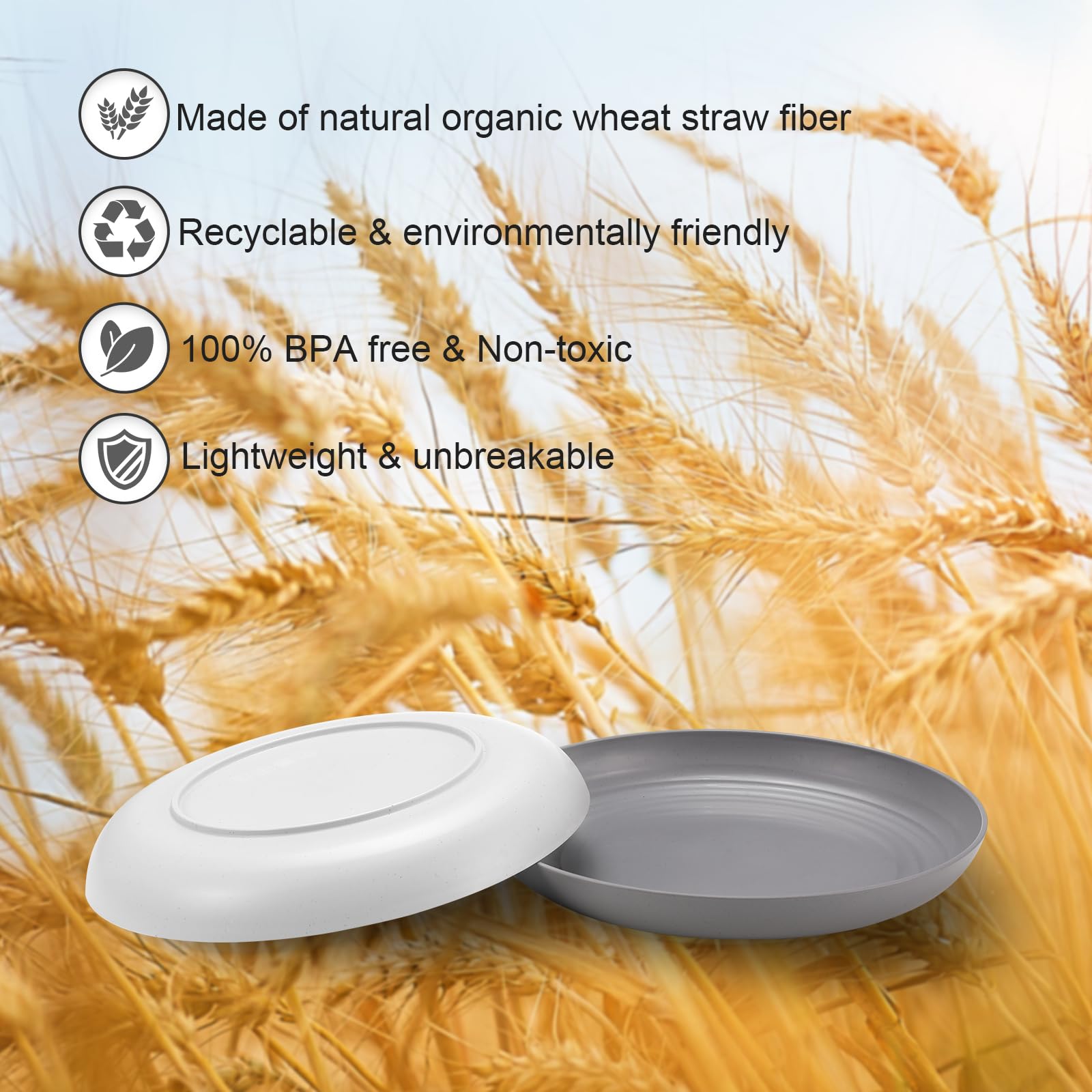 HEYCOME 12 Pcs Unbreakable Deep Dinner Plates Set, 10 inch Reusable Plastic Wheat Straw Plates, Microwave and Dishwasher Safe Plate for Kitchen, Lightweight Plate for Dessert, BPA Free, White Gray