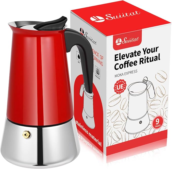 Suiitat 9 Cup Stainless Steel Moka Pot, 450ml Stovetop Espresso Maker, Red