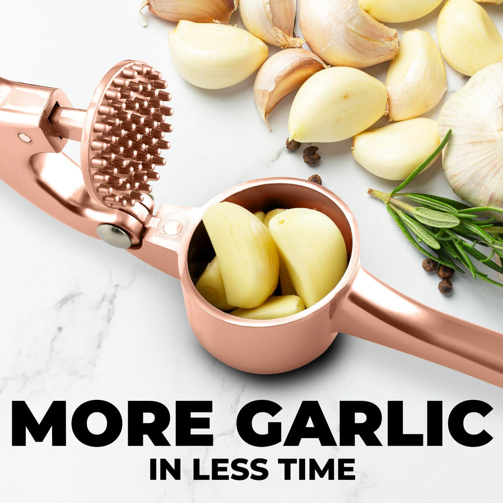 Zulay Kitchen Large Premium Garlic Press Set - Bigger Bowl for Bigger Garlic - Rust Proof Garlic Mincer Tool - Easy-Squeeze, Easy-Clean Silicone Garlic Peeler & Brush (Rose Gold)