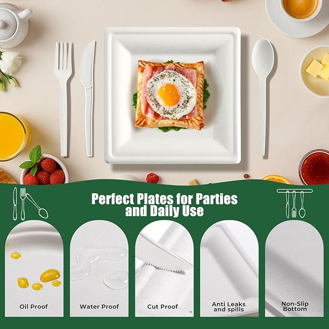 300 Pcs Biodegradable Paper Plates Set Disposable Dinnerware