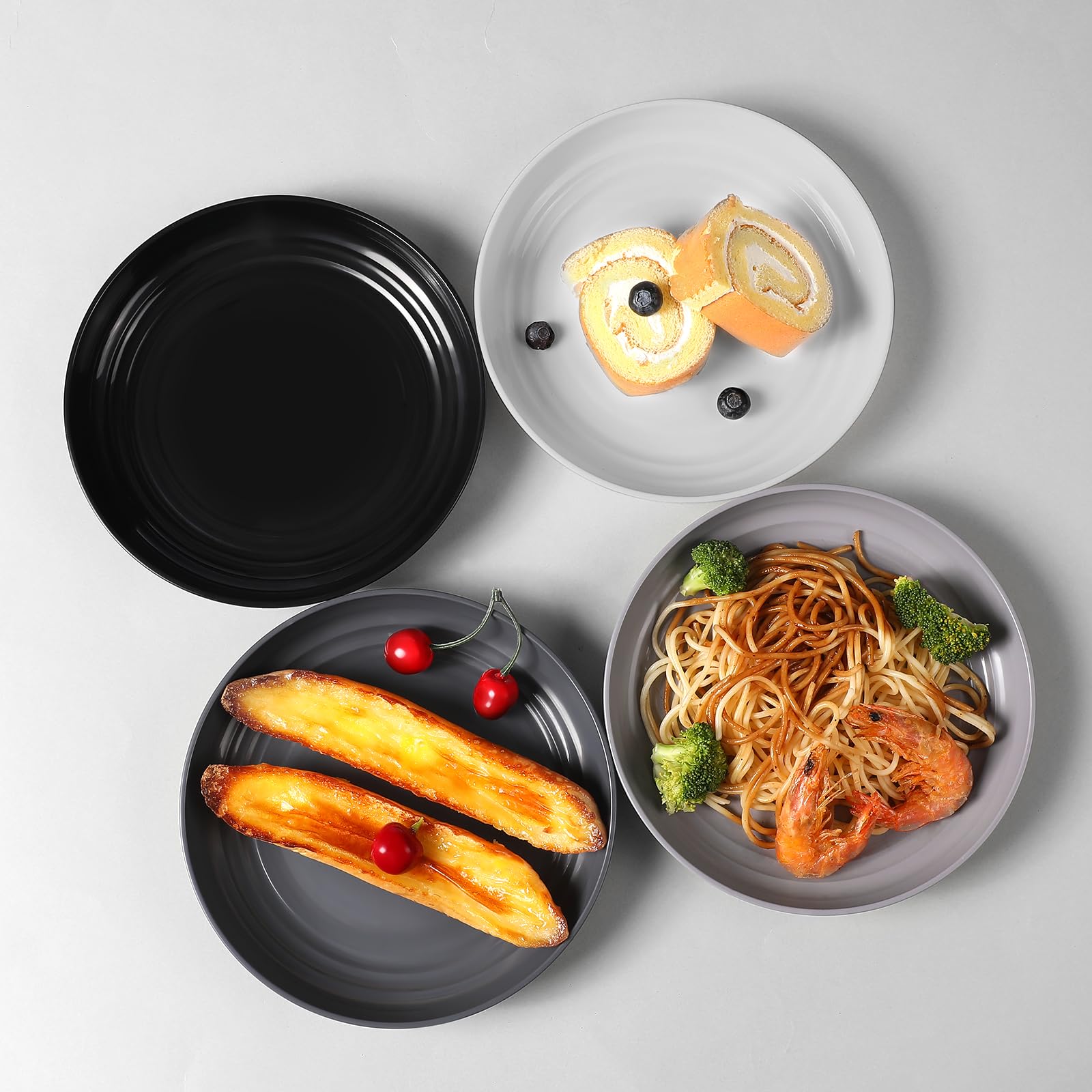 HEYCOME 12 Pcs Unbreakable Deep Dessert Plates Set, 8 inch Reusable Plastic Wheat Straw Plates, Microwave and Dishwasher Safe Plate for Kitchen, Lightweight Plate for Dessert, BPA Free, Black