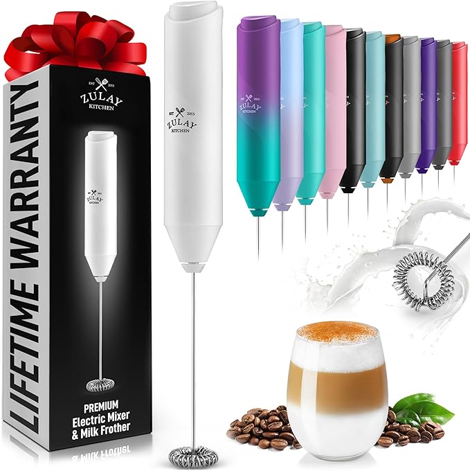 Zulay Kitchen Powerful Milk Frother Wand - Handheld Stainless Steel - Battery Operated Drink Mixer for Coffee, Lattes, Cappuccino, Matcha - Froth Mate Frother Gift - Glacier White
