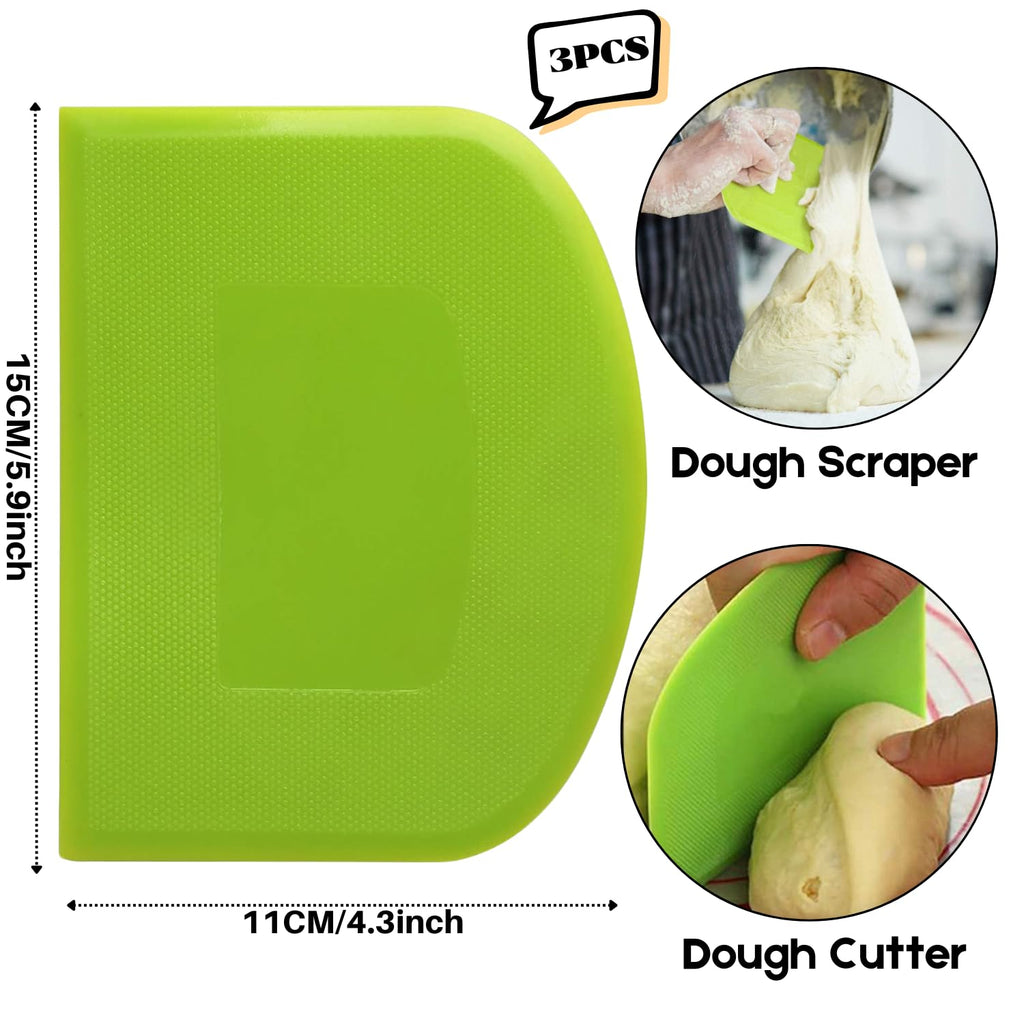 SURDOCA Dough Scraper Bench Scraper - 3P 5.9x4.3" Plastic Flexible Bowl Scraper, Sharp Edge & Angles Cake Scraper. Non-Slip Bakeware Decorating Tools Sculpting & Modeling Tools - Pink+Green+Pink