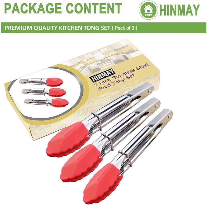 HINMAY Small Tongs with Silicone Tips 7 Inch Kitchen Tongs, Set of 3 (Red)