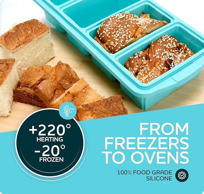 XOMOO Silicone Freezer Tray With Lid - Soup Freezer Container molds - Large Ice Cube Tray- makes 8 perfect 1 cup portions cubes, 2-Pack Freezer Storage Food Soups & Meal Prep - Oven & Dishwasher -Safe