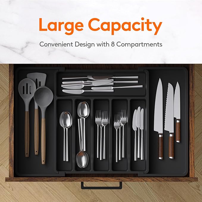 Lifewit Extra Large Silverware Drawer Organizer, Expandable Utensil Tray for Kitchen, BPA Free Flatware and Cutlery Holder, Adjustable Plastic Storage for Spoons Forks Knives, 13-22 x 15, Black