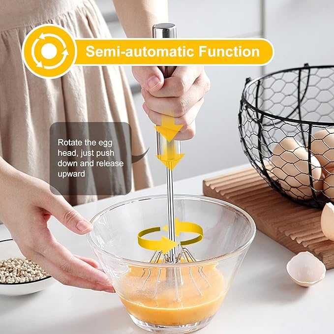 Egg Beater, Hand Easy Whisk Stainless Steel Hand Push Egg Beater Manual Mixer Blender for Home Kitchen Tool Whisking, Beating & Stirring (12 Inch)
