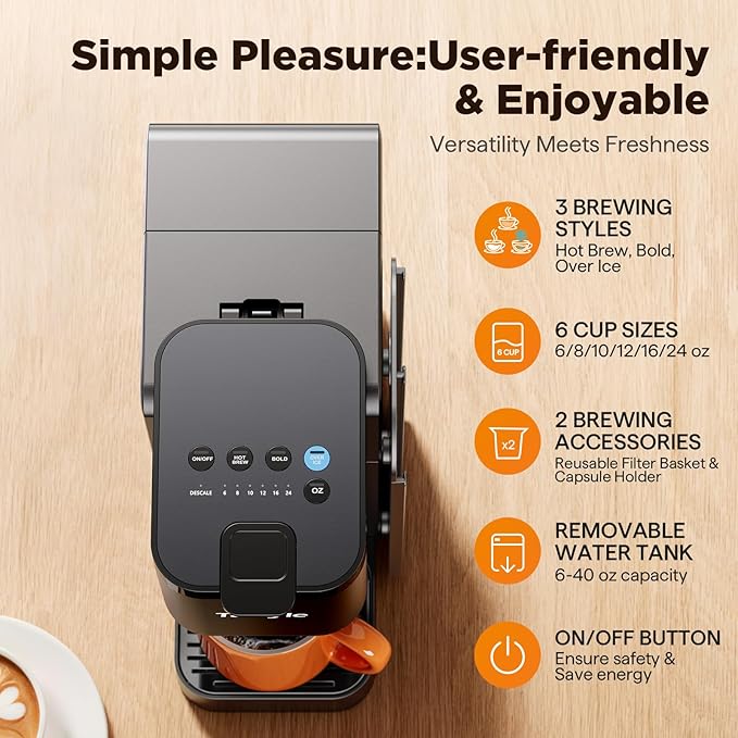 Tastyle Hot & Iced Coffee Maker with Magnetic K-Pod Holder, Fits 7.3'' Mug